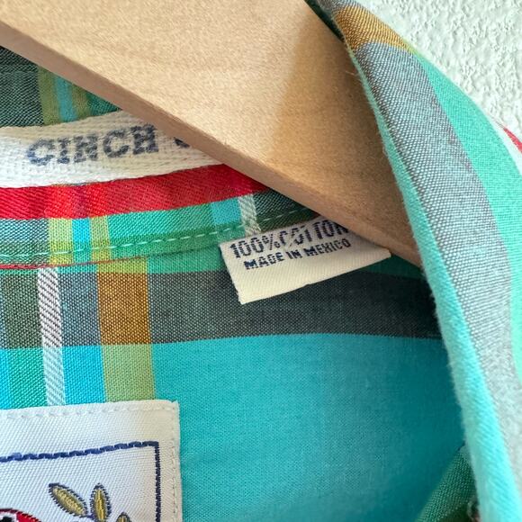 Cinch Red Blue Green Plaid Western Button Down Long Sleeve Shirt Men’s Medium - Picture 7 of 7